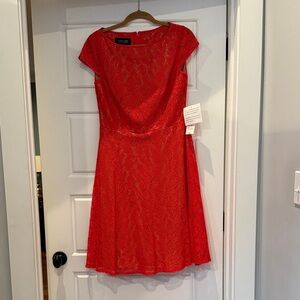 Evan Picone Vibrant Coral Lace Midi Dress
